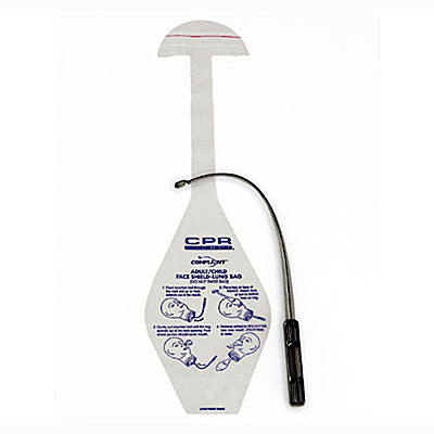 AED Shop's CPR Prompt Face Shield/Lung Bags (Infant), available in a pack of 10, include adhesive strips for secure placement, come with instructions, and have a tube attachment for emergency resuscitation.