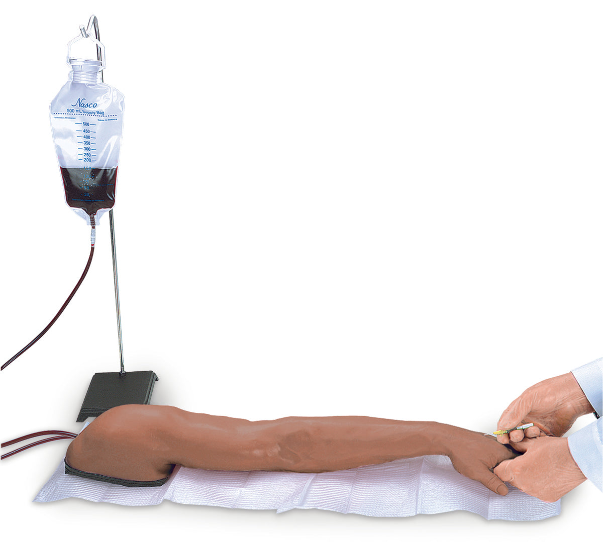 The Life/form® Advanced Venipuncture and Injection Arm (Light) by AED Shop is expertly designed with an IV bag setup on a mat for simulating blood transfusions and practicing venous access techniques.