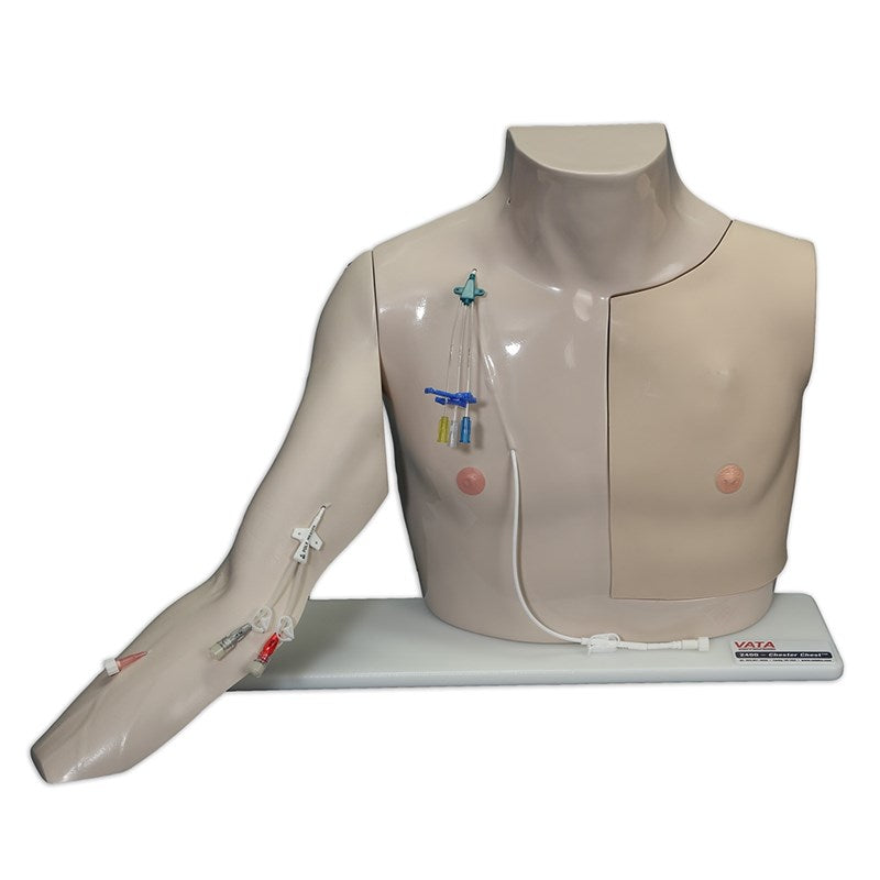 The Vascular Access - Chester Chest-advanced arm by Laerdal is a medical training mannequin torso that includes intravenous and catheter insertion sites on both the arm and chest, making it ideal for practicing with tunneled central venous catheters, and it comes mounted on a stand.