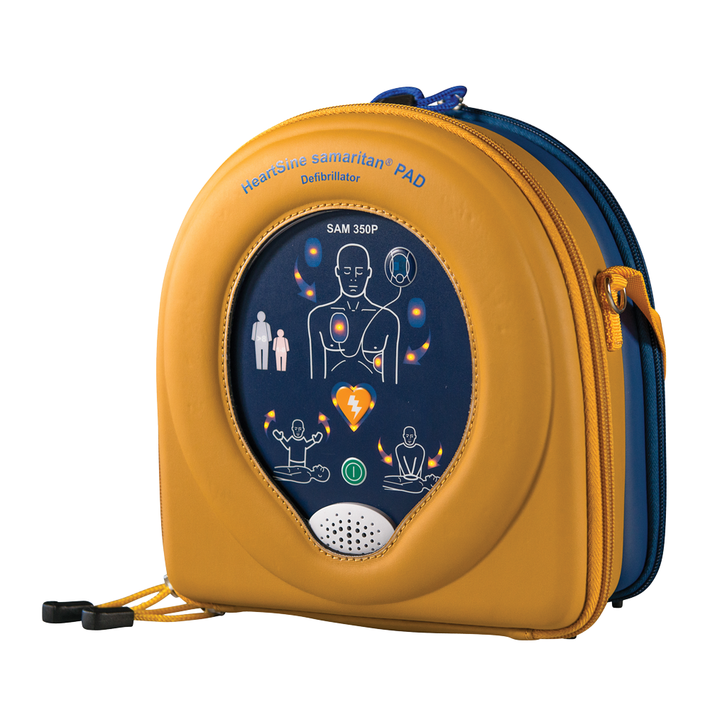 HeartSine Samaritan 350P ENCORE Series (recertified) portable defibrillator by HeartSine, featuring clear instructions and icons on the front panel for user convenience. It includes a Pad-Pak cartridge to facilitate effective emergency use.