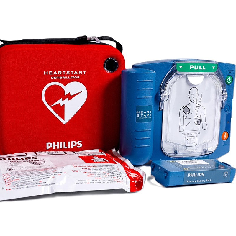 Philips HeartStart OnSite Defibrillator with red carrying case, adult defibrillation pads, and primary battery pack.