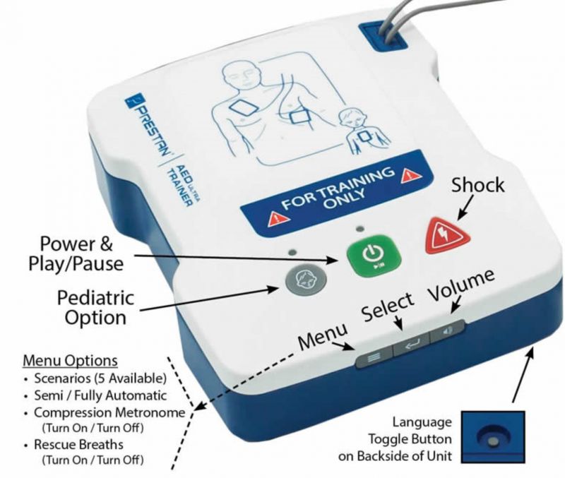 The Prestan AED UltraTrainer 4-Pack by Prestan offers a realistic training experience with labeled buttons for power, play/pause, pediatric option, shock, menu, select, volume, and language toggle.