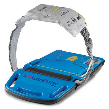 The ZOLL AutoPulse® Non-Invasive Cardiac Support Pump, from Zoll, includes a blue base and an adjustable strap to ensure consistent compressions that enhance blood flow during chest compressions.