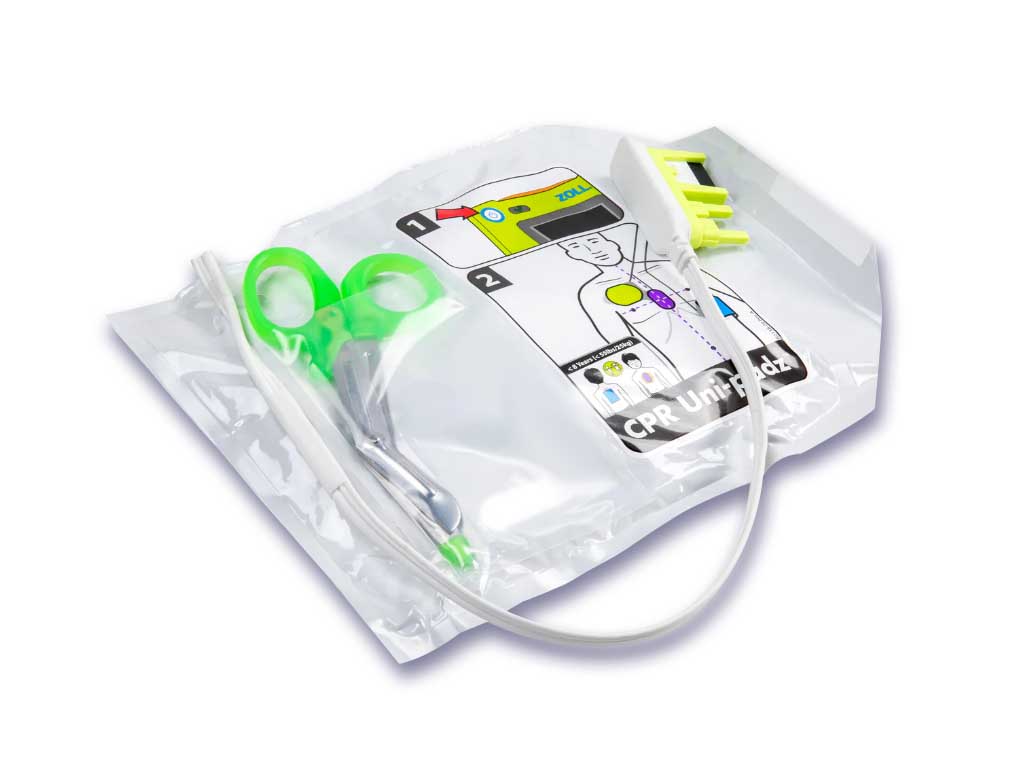 The ZOLL AED 3 CPR Uni-padz by ZOLL is a rescue kit that includes universal electrodes, scissors, a face mask, and detailed instructions for seamless integration with the ZOLL AED 3 system.