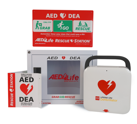 Physio-Control/STRYKER LIFEPAK CR2 Bilingual (WiFi enabled) – Complete Package includes an automated external defibrillator case, wall cabinet, and emergency instruction signs for public use. This unit features the advanced LIFEPAK CR2 WiFi AED Defibrillator to ensure rapid response in critical situations.