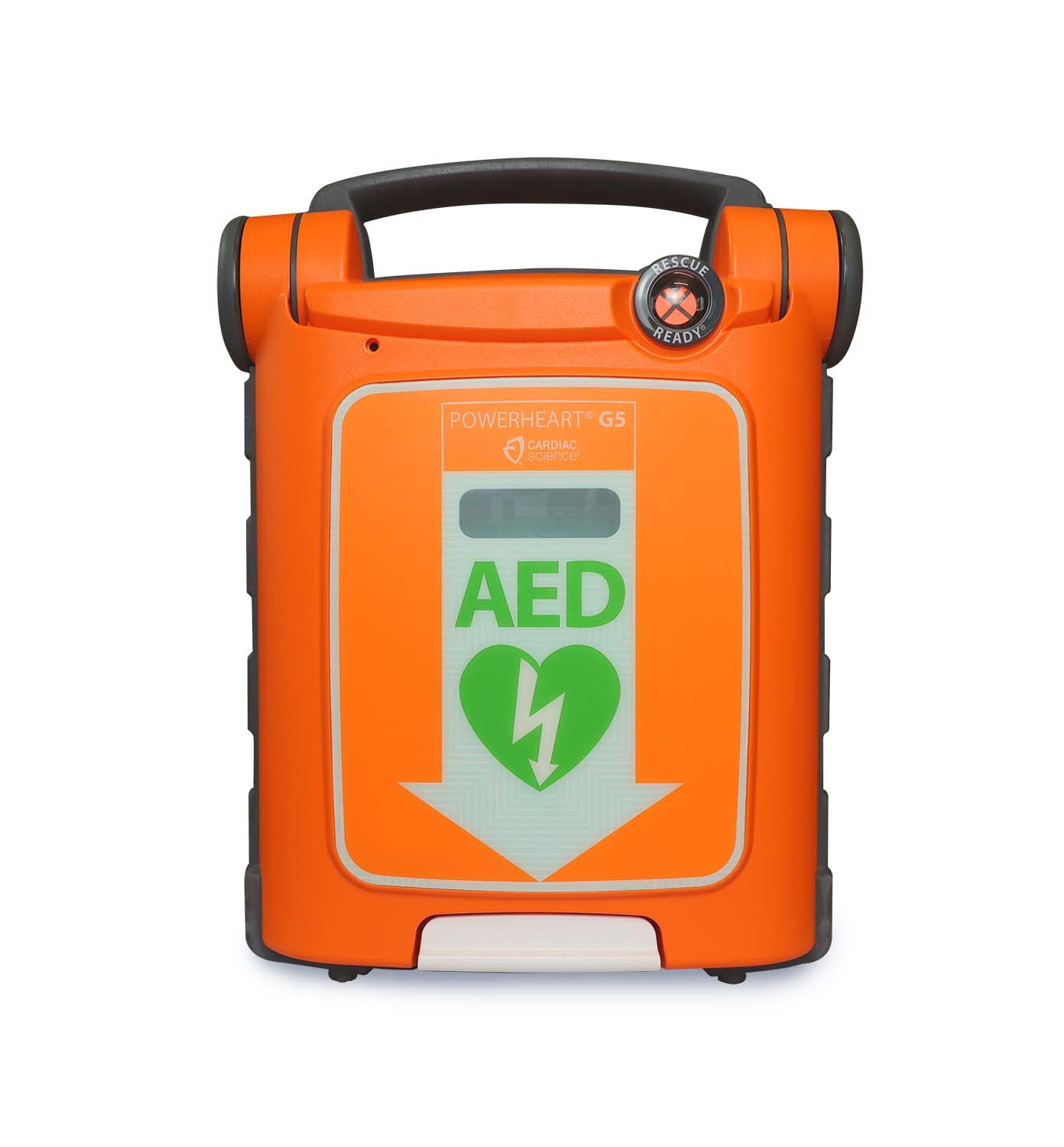 A Cardiac Science G5 BILINGUAL AED automated external defibrillator by Cardiac Science, orange in color with a green heart and lightning bolt symbol on the front, featuring real-time CPR feedback.