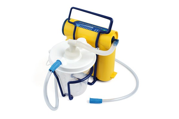 Laerdal's Compact Suction Unit 4 (LCSU 4) offers a portable design in yellow and blue, featuring a transparent click-in-place canister and tubing.