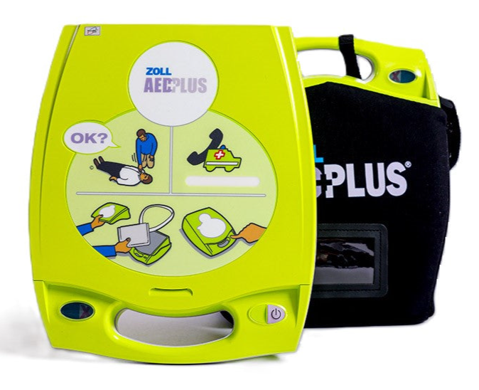 The ZOLL AED Plus, a bright green defibrillator by ZOLL, features Real CPR Help for an effective emergency response and comes with a black carrying case in the background.