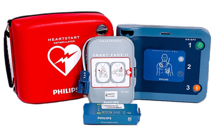 The Philips HeartStart FRx Defibrillator - Ready Pack, designed by Philips, displays clear instructions, has compartments for pads, and features a user-friendly screen. It is specifically designed to assist during sudden cardiac arrest with built-in CPR Coaching for optimal guidance.