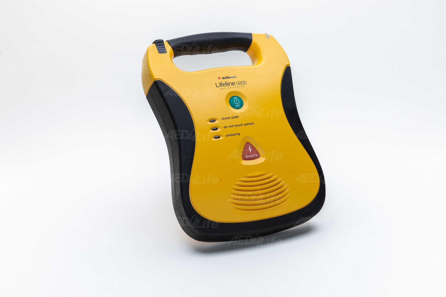 Defibtech Lifeline AED at an angle, against a light background. The Defibtech Lifeline AED is a semi-automatic defibrillator that is technologically advanced enough to include all mission critical features necessary to provide the most advanced treatment for Sudden Cardiac Arrest.