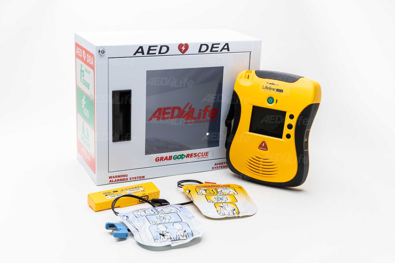 Defibtech lifeline view complete package. This contains: Defibtech Lifeline VIEW AED, 1 Sets of Adult Electrodes, Battery (4-year)
Carry Bag, Prep Kit, Surface Mount AED Cabinet with Alarm, AED 3D Wall Sign, AED Flat Wall Sign, AED Bonus Pack - Includes 1 AED inspection tag, 1 battery replacement reminder sticker, 1 AED Wall Sticker, and 1 AED Window Sticker, FREE AED Management.