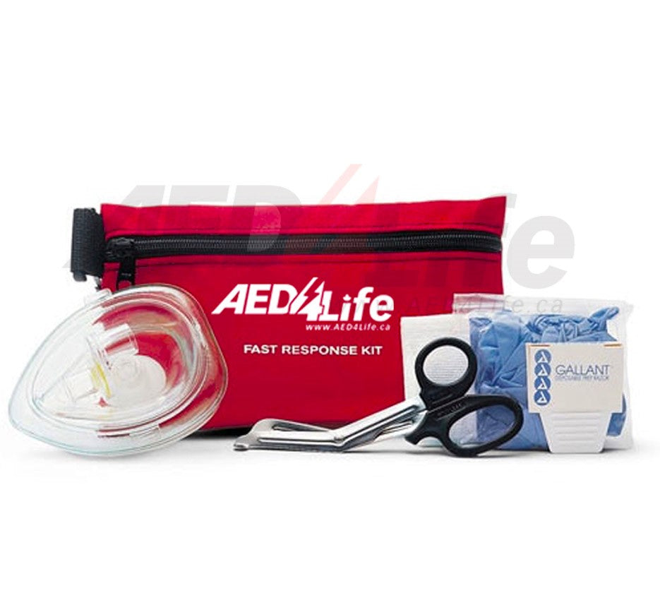 A red AED response kit containing scissors, gloves, and a mask, labeled "AED4Life FAST RESPONSE KIT," compatible with the Philips HeartStart OnSite Defibrillator from the brand Philips.