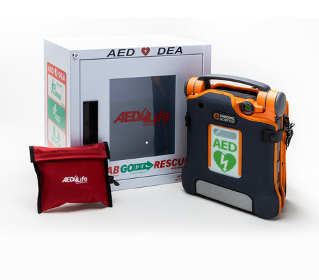 Cardiac Science's G5 BILINGUAL AED Complete Package, including a red AED pouch and wall cabinet, the portable Powerheart G5 device with Rescue Ready technology and carrying handle is showcased on a white background.