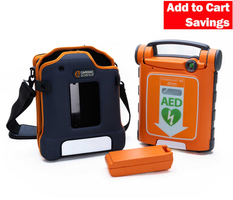 Cardiac Science G5 BILINGUAL AED with carrying case and battery, offers real-time CPR feedback and displays an "Add to Cart Savings" banner in the corner.