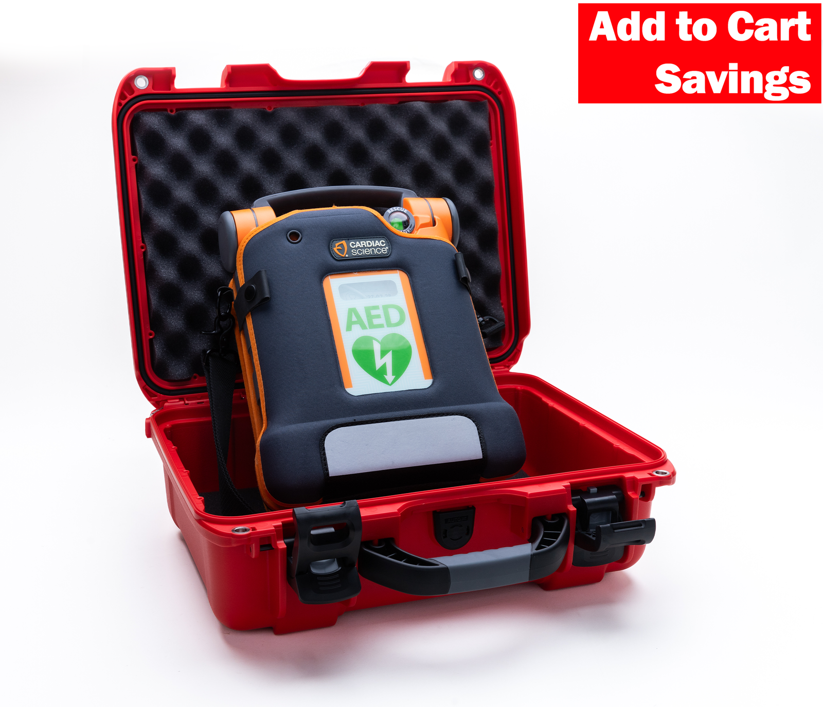 The AED Shop’s Cardiac Science G5 BILINGUAL AED Grab & Go Bundle in red case—highlighted with "Add to Cart Savings"—offers essential portable cardiac arrest response.