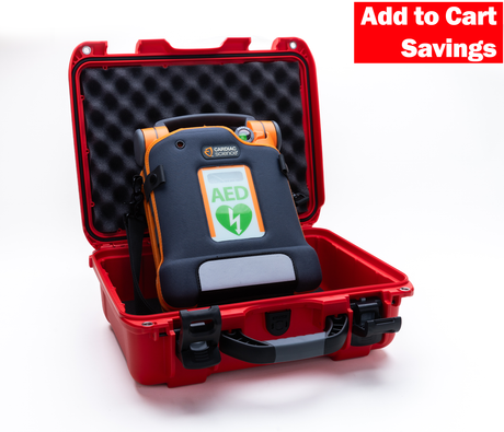 The AED Shop’s Cardiac Science G5 BILINGUAL AED Grab & Go Bundle in red case—highlighted with "Add to Cart Savings"—offers essential portable cardiac arrest response.