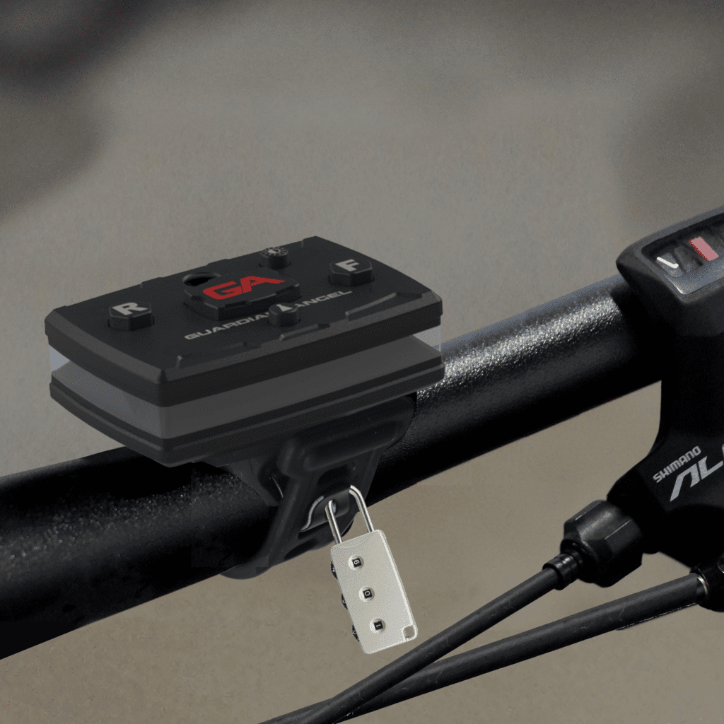 Close-up of a bicycle handlebar featuring a Guardian Angel Elite Series device with dashboard-mounted bike lock and control buttons, secured with the sleek Bike/Rail Rubber Strap Mount with Magnetic Mount.