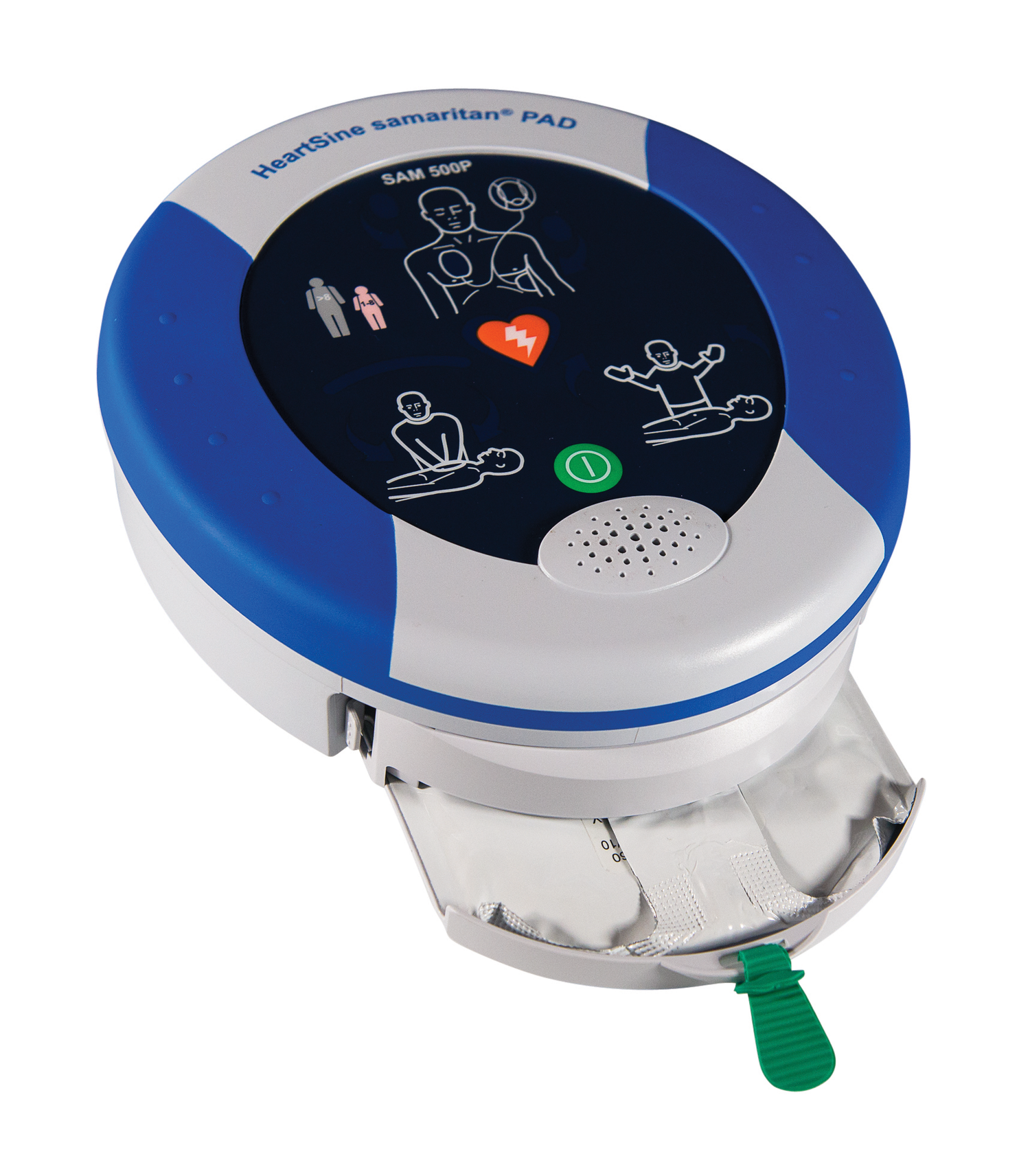 HeartSine Samaritan 500P by HeartSine, a portable AED device with a blue and white casing, featuring CPR instructions and usage diagrams, along with a green pull tab.