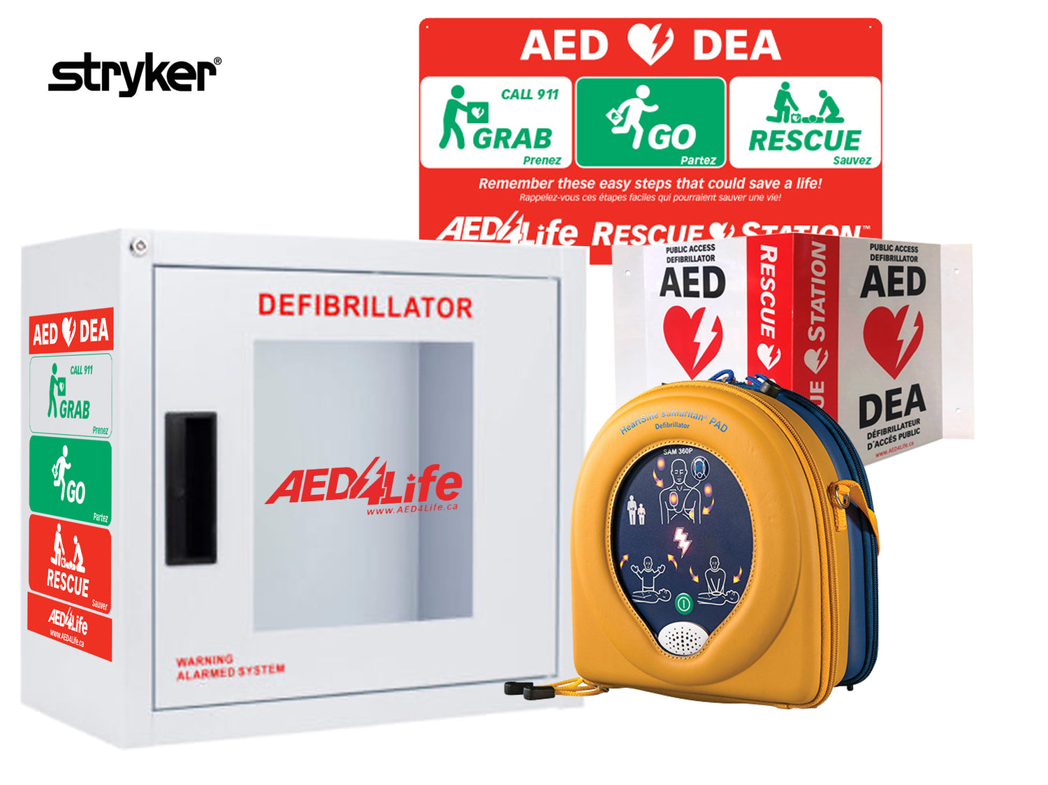 AED station with a HeartSine Samaritan 500P - Complete Package and clear CPR instructions on signs for use in an emergency.