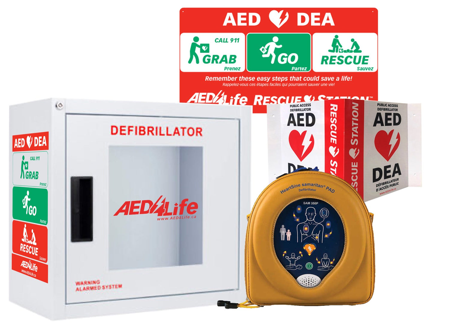 The HeartSine Samaritan 360P - Complete Package includes both the AED cabinet and the defibrillator, featuring instructional signs for emergency use. It is enhanced with green and red grab-and-go graphics and incorporates advanced AED technology for an efficient response.