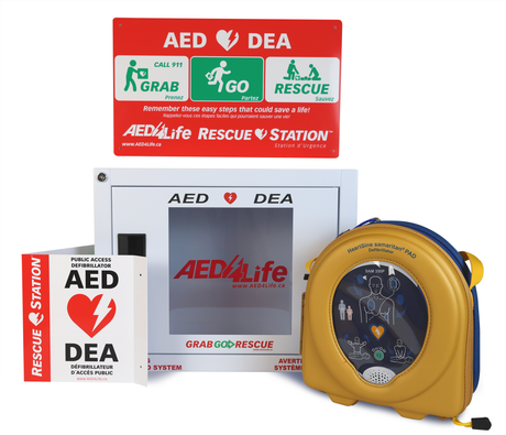 HeartSine Samaritan 500P - Complete Package from HeartSine includes an AED rescue station with clear signage, a white wall cabinet, and a yellow carrying case featuring the portable HeartSine Samaritan 500P AED.
