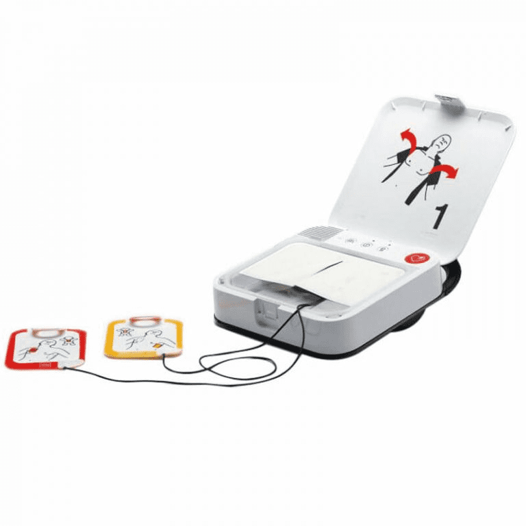 Open the Physio-Control/STRYKER LIFEPAK CR2 Trainer with attached electrode pads, instructional diagram, and integrated CPR feedback for improved guidance.