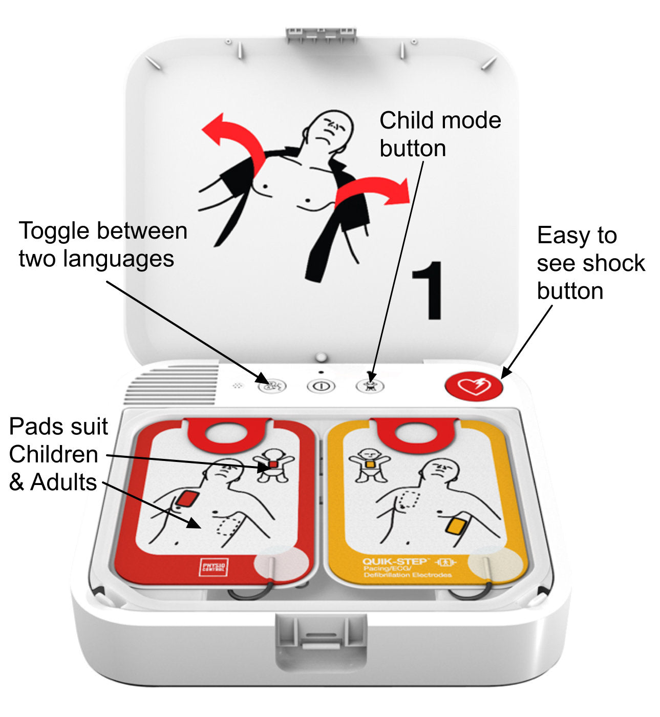 Unbox the Physio-Control LIFEPAK CR2 Trainer, featuring child mode, a language toggle, and a shock button. It comes with pads suitable for both children and adults. This product by Physio-Control/STRYKER offers a realistic training experience with integrated CPR feedback to ensure users are well-prepared for real emergencies.