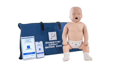 The AED Shop's Prestan Infant Series 2000 CPR Training Manikin with Monitor includes a blue carrying case and two smartphones showing the CPR Feedback App, perfect for Heart and Stroke Foundation resuscitation training courses.