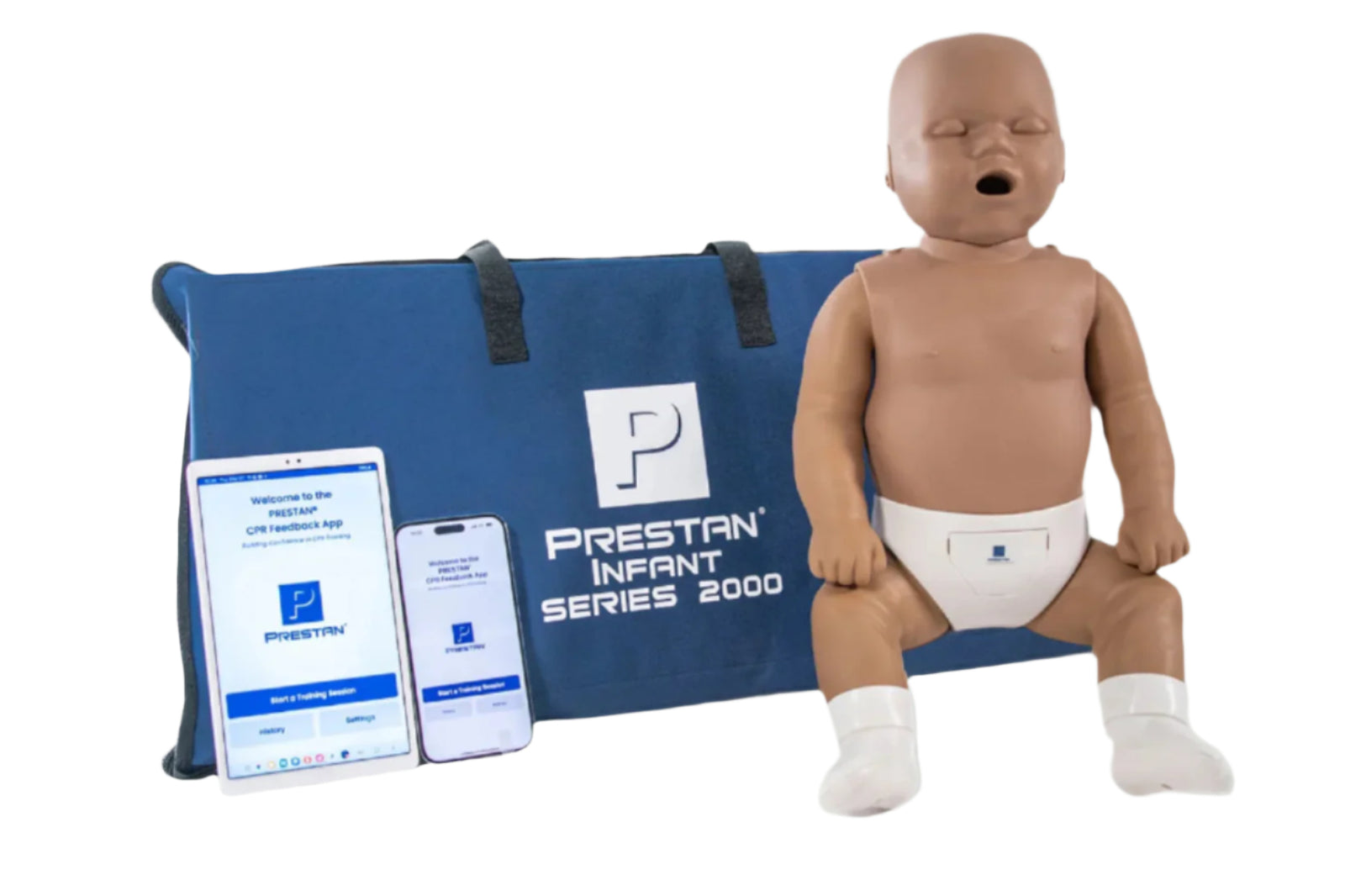 The AED Shop’s Prestan Infant Series 2000 CPR Training Manikin with Monitor includes a carrying case and displays Advanced Feedback via the CPR Feedback App on two smartphones.