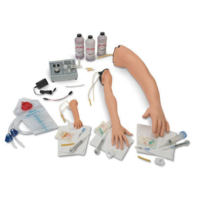 The Life/form Complete IV Arm and Pump Set by AED Shop provides a comprehensive medical training kit, including mannequin arms, syringes, tubing, bottles, and essential equipment. It is ideal for refining skills in intravenous injections and blood collections using IV arm simulators.