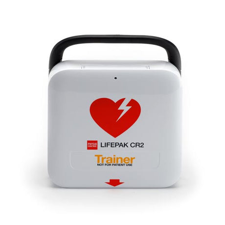 The Physio-Control LIFEPAK CR2 Trainer by Physio-Control/STRYKER is a white defibrillator trainer device featuring a red heart and lightning bolt symbol on the front, perfect for AED simulation training sessions.