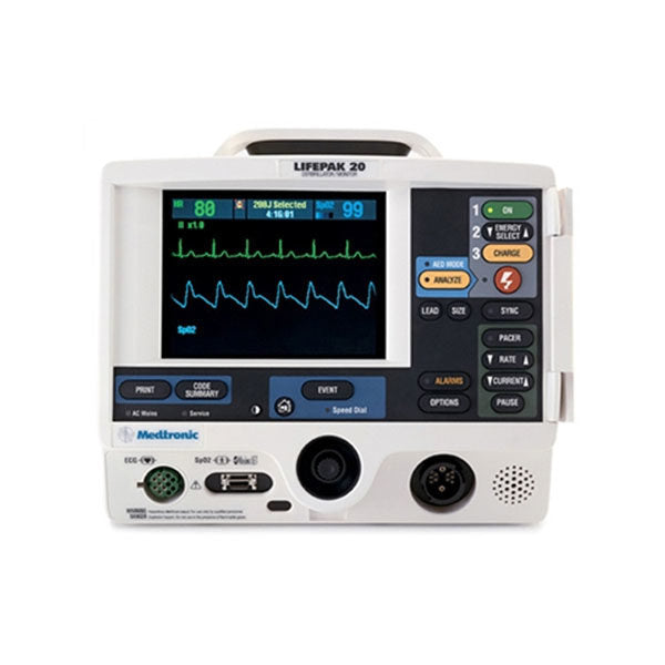 The Physio-Control LIFEPAK 20 Monitor/Defibrillator ENCORE Series by STRYKER is a medical device equipped with an ECG monitor that displays heart rate readings and is engineered to provide early defibrillation during cardiac arrest.