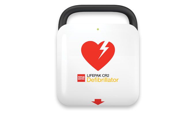The Physio-Control LIFEPAK CR2 USB Bilingual, designed by Physio-Control/STRYKER, features a white defibrillator with a red heart and lightning symbol on the cover. It is intended for public access to quickly respond to sudden cardiac arrest, with a sleek and layered design that ensures ease of use during emergencies.