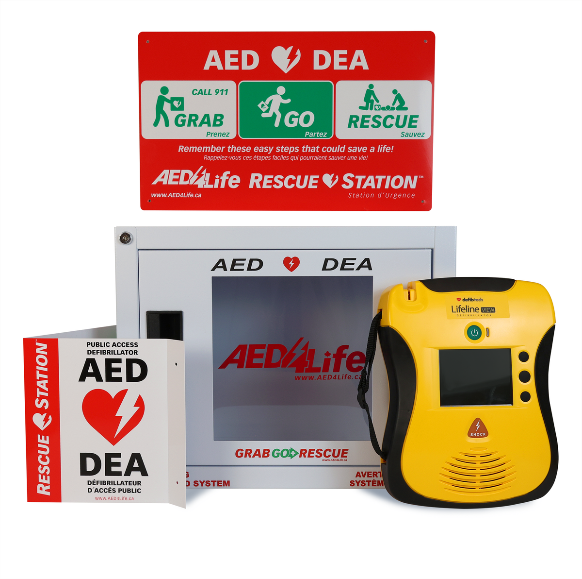 AED station featuring a red sign, a wall cabinet, and a Defibtech Lifeline VIEW – Complete Package (yellow AED with video display providing clear CPR instructions)—placed next to the cabinet.