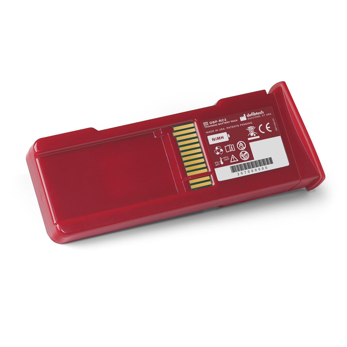 A Defibtech Lifeline Rechargeable Training Battery Pack by Defibtech with a barcode and labels is shown on a white background.
