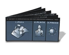 Illustration displaying three steps: 1. Pull device, 2. Position pads on chest, 3. Press button, featuring AED icons. This quick reference card is ideal for users of the Philips brand's OnSite AED and is also offered in French.