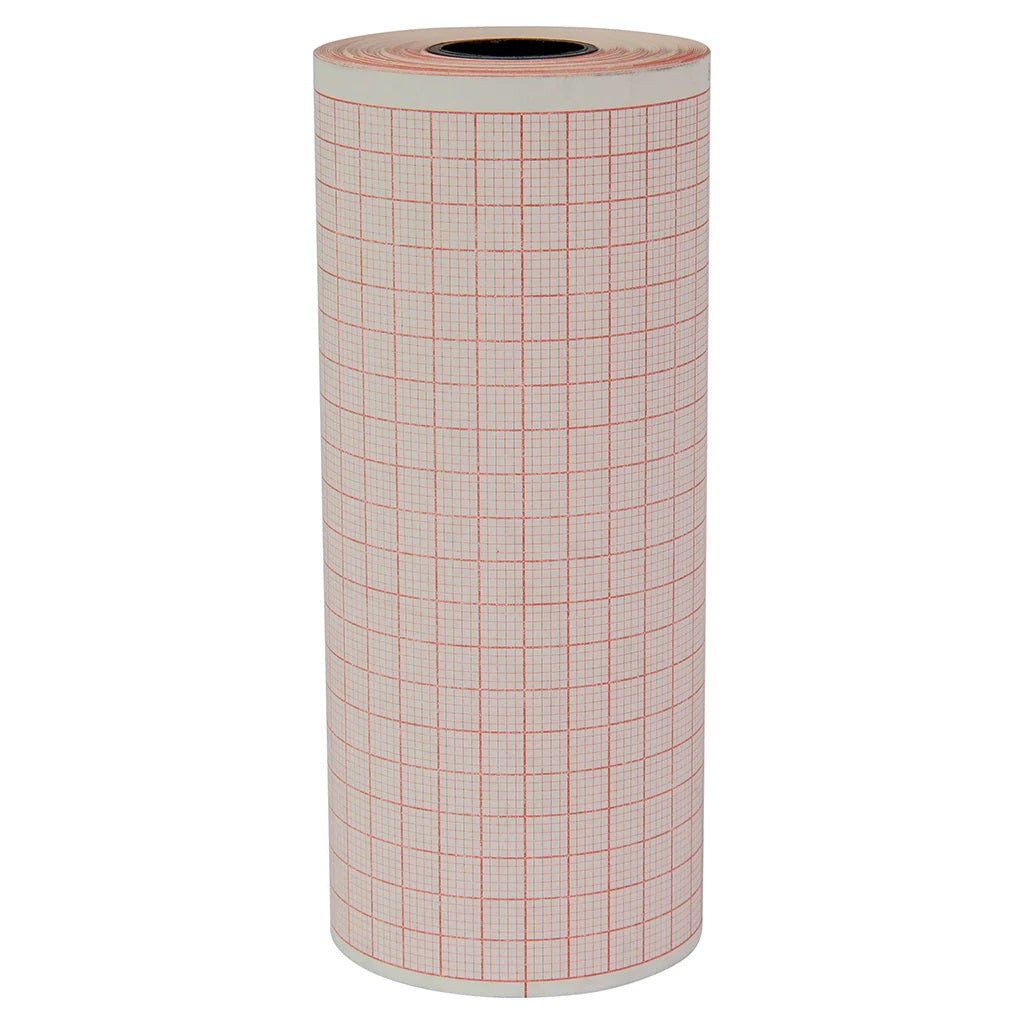 A roll of red grid graph paper stands upright on a white background, resembling the precise design used in Physio-Control/STRYKER ECG Printer Paper, dimensions 100mm x 22mm.