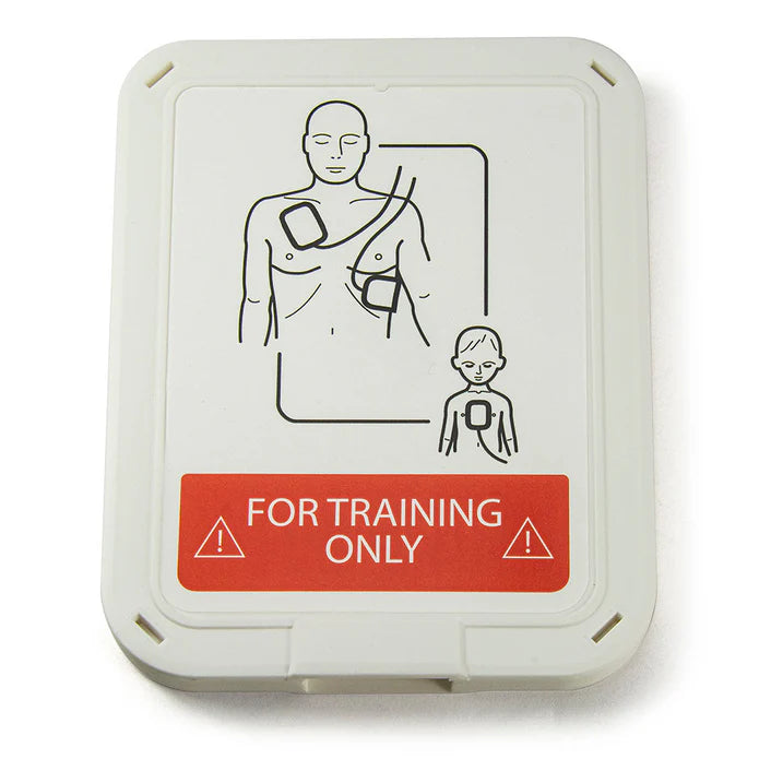Prestan Dual-Graphic Training Pads Storage Case featuring chest placement diagrams for adults and children, intended for use with the PRESTAN Professional AED Trainer PLUS. Text: "FOR TRAINING ONLY.
