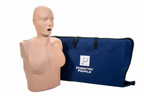 AEDShop's PRESTAN Professional Adult Female Manikin with CPR Feedback, available in a 4-pack, is elegantly housed in a blue Prestan Female bag on a white background.