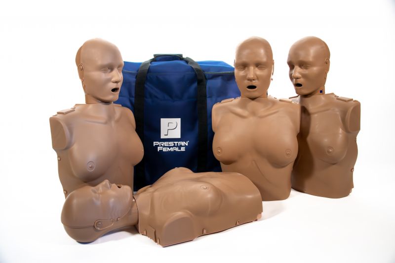 A set of AEDShop's PRESTAN Professional Adult Female Manikins with CPR Feedback, 4-Pack lies in front of a blue carrying bag, providing essential tools for effective instruction.