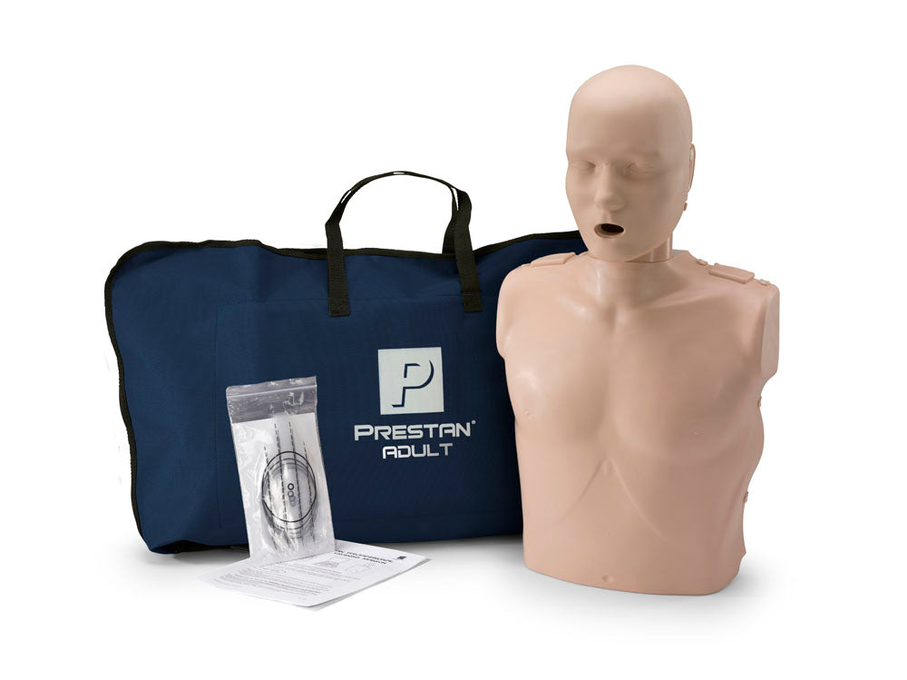 Prestan Professional Series ADULT Training Manikin by Prestan, accompanied by a blue carrying bag, instruction manual, and additional accessories on a white background.