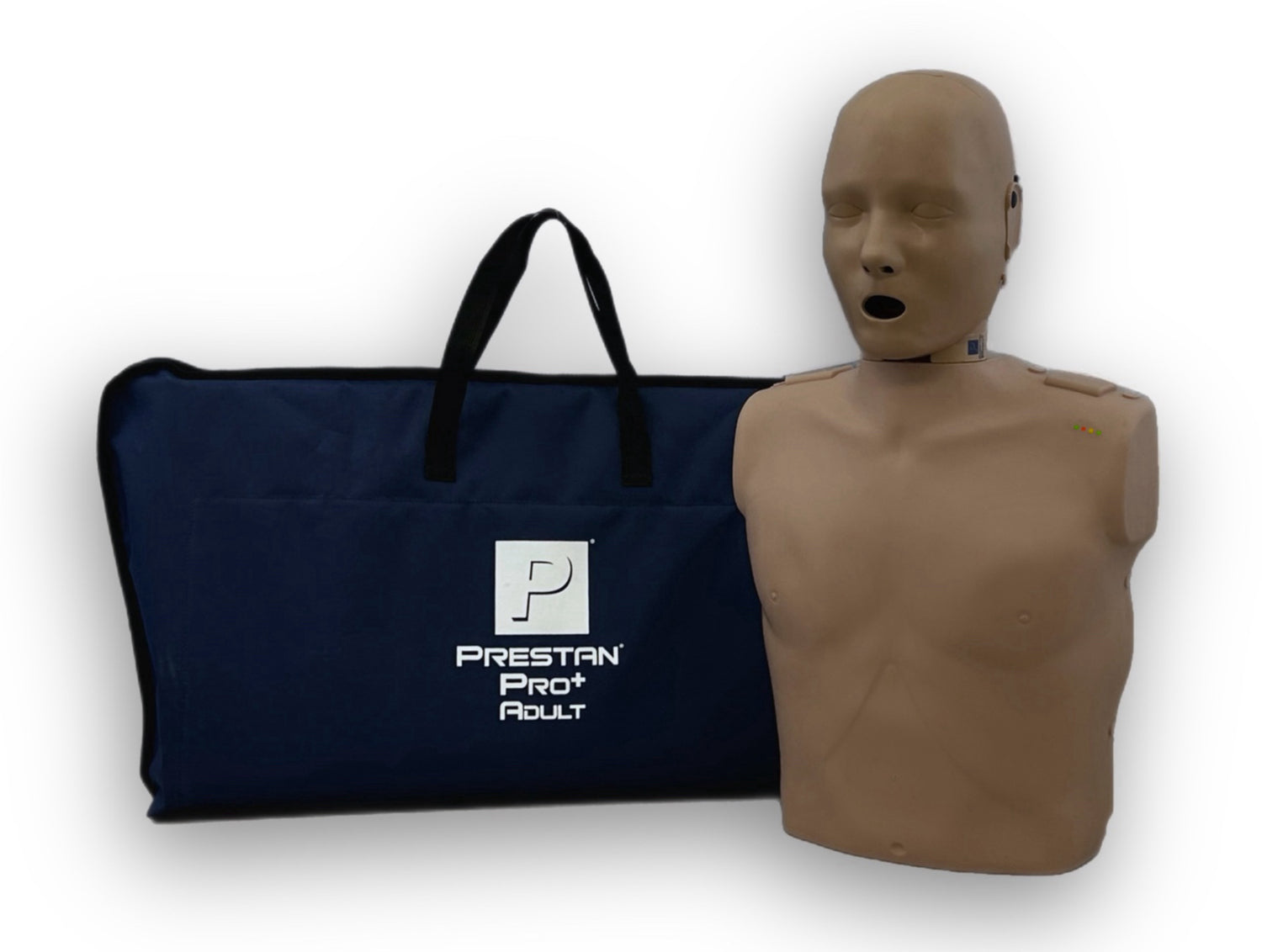 The Prestan PRO+ Adult Manikin Single, by Prestan, comes with a carrying case and features a Rate Monitor to ensure effective practice. It includes convenient lung bags, enhancing the realism of hands-on training for medical professionals.