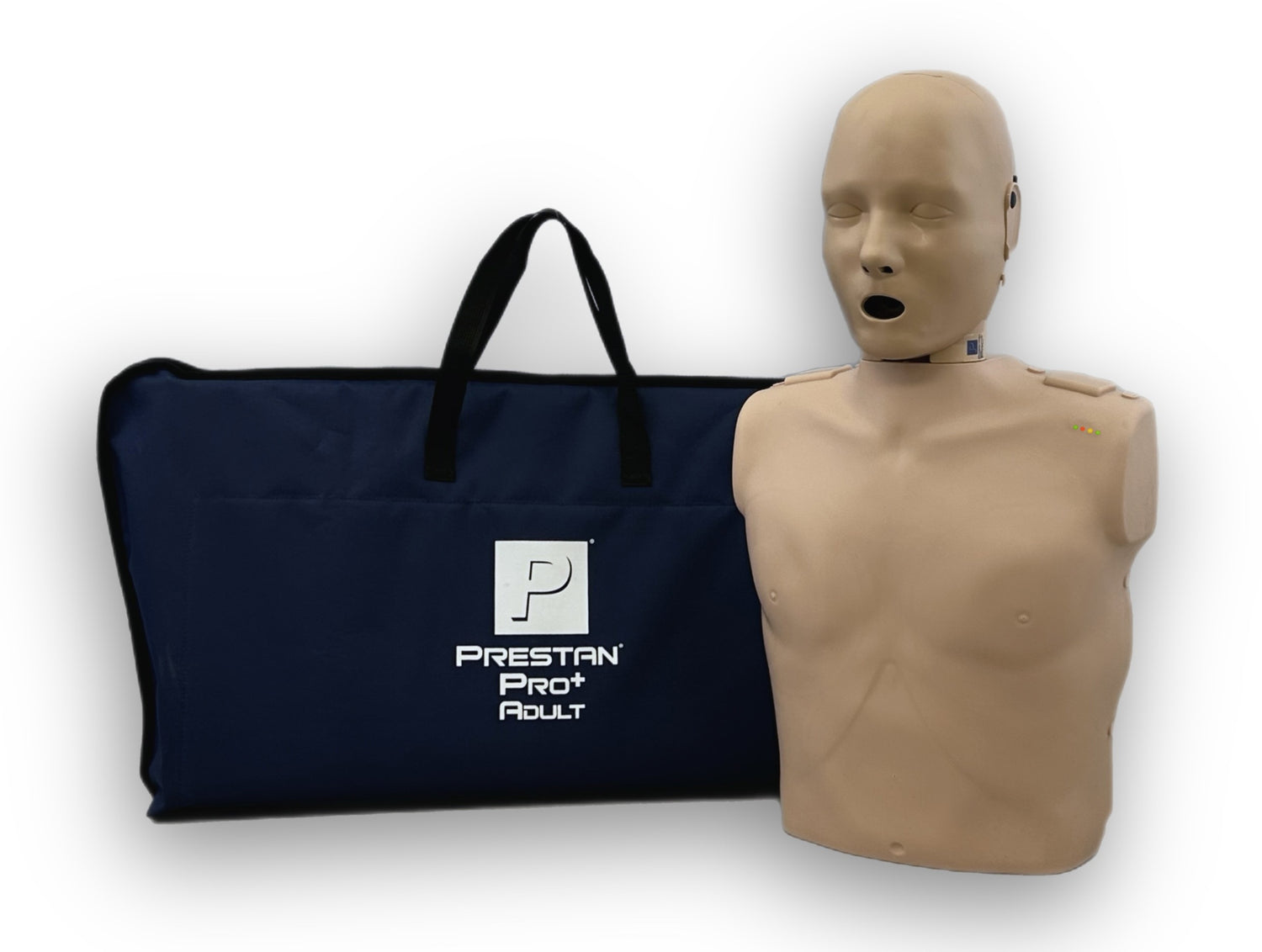 The Prestan PRO+ Adult Manikin Single torso, equipped with Lung-Bags and a Rate Monitor, is conveniently placed next to its navy carrying bag.