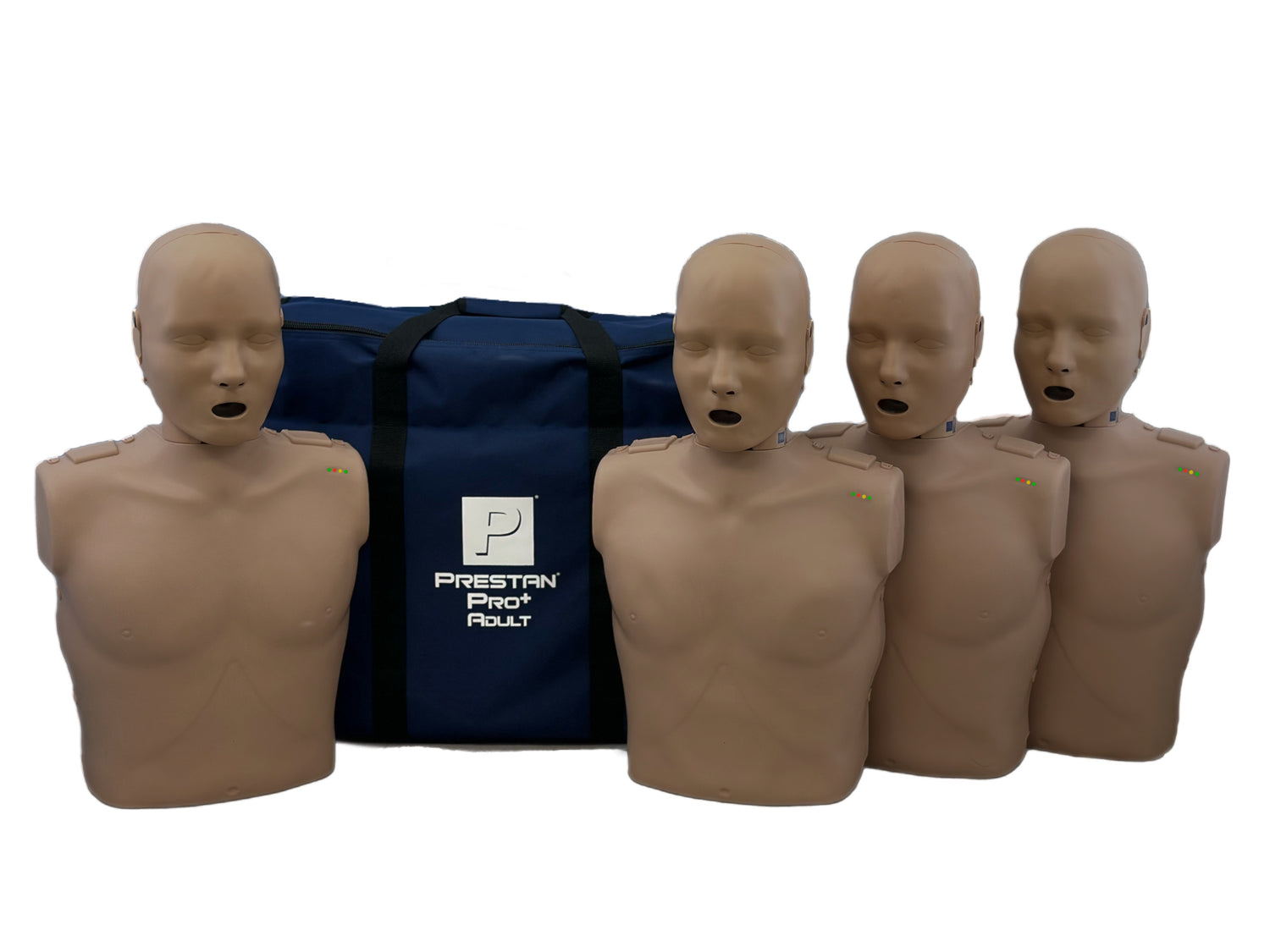 The four Prestan PRO+ Adult Manikins, each featuring a rate monitor, are neatly arranged with a blue storage bag visible in the background.