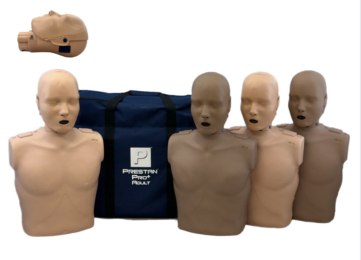 The Prestan PRO+ Adult Manikin 4 Pack by Prestan, featuring advanced rate monitors, is neatly arranged alongside a carrying bag, showcasing its effectiveness for resuscitation practice.