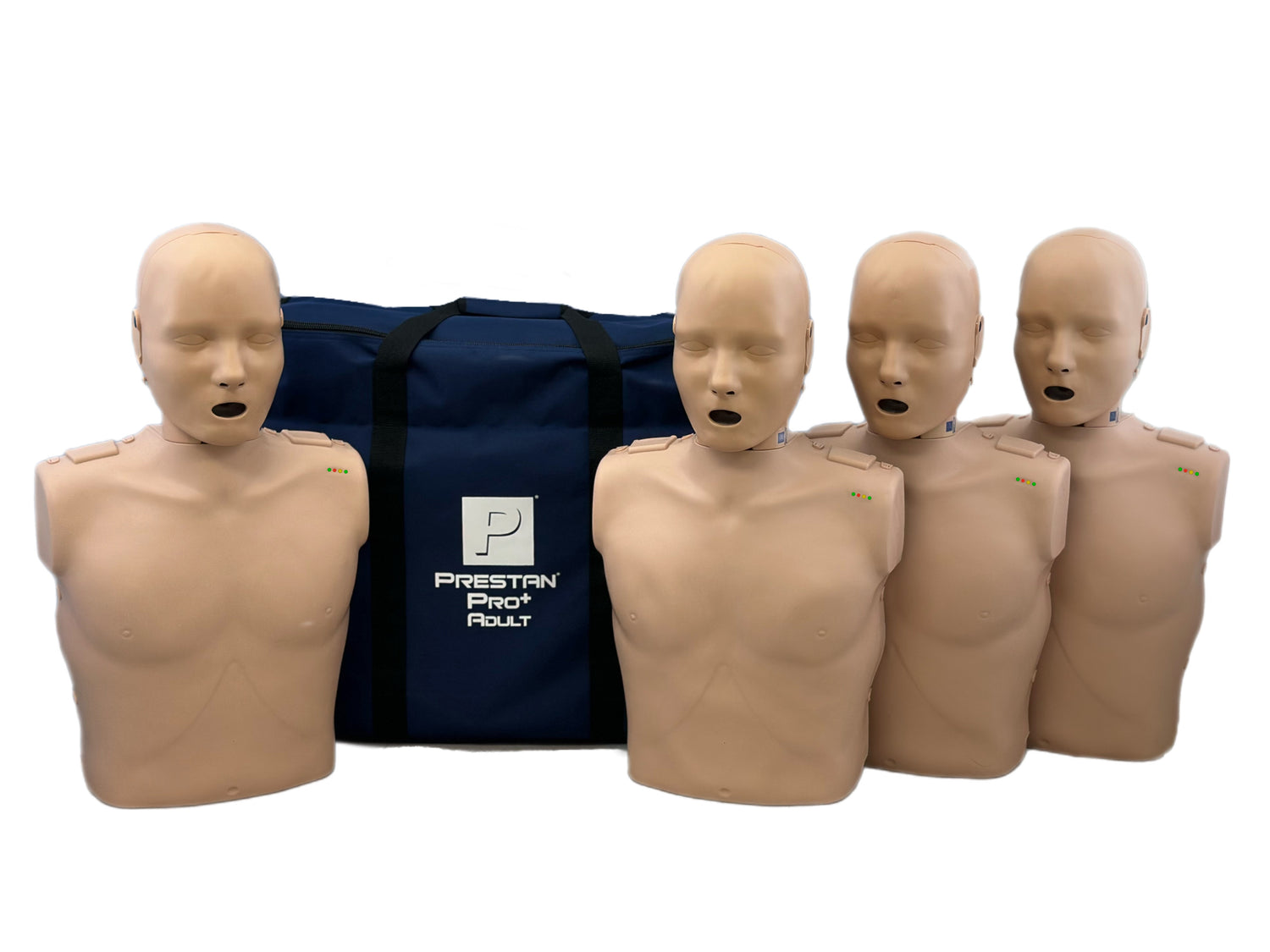 The Prestan PRO+ Adult Manikin 4 Pack, featuring Rate Monitors for real-time feedback, is shown with a blue carrying bag in the background.