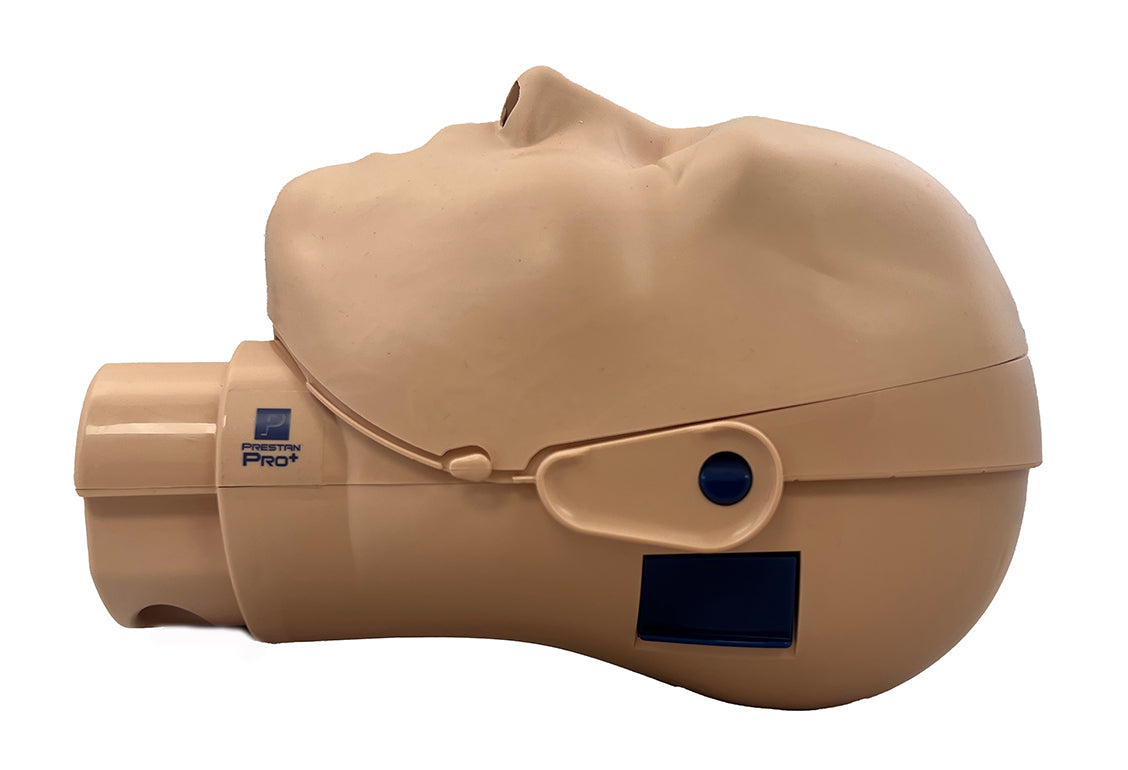 The PRESTAN PRO+ Adult Head 4 Pack from AEDShop, featuring blue sensors and compatible with PRESTAN PRO+ Lung Bags, rests on a white background.