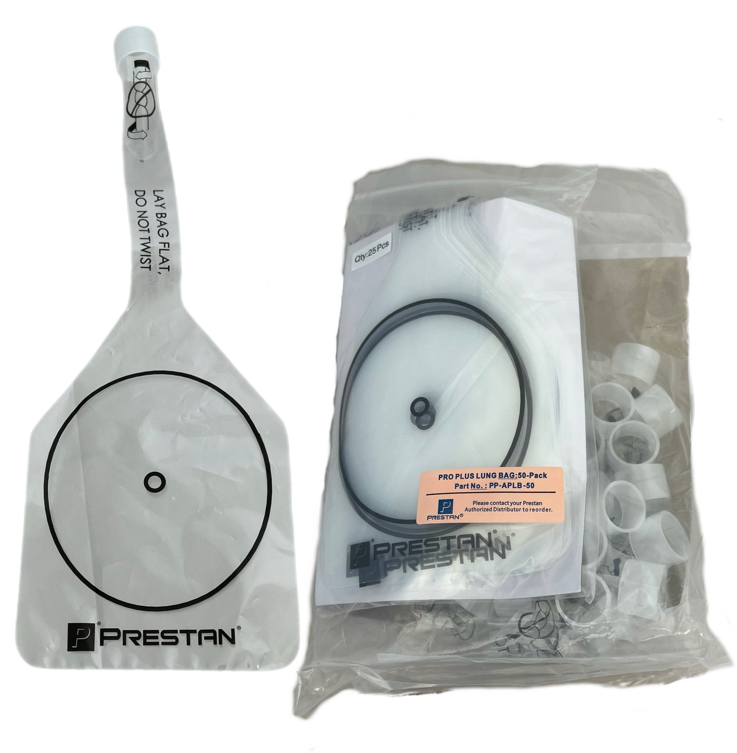 AEDShop's PRESTAN PRO+ Adult Lung-Bags 50-pack includes adult lung-bags, filters, and connecting components for manikins in clear packaging.