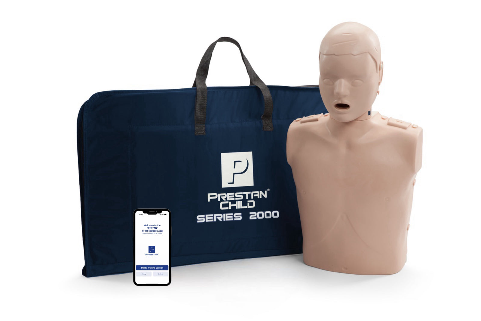 The AED Shop PRESTAN Professional Child Series 2000 Manikin with Advanced CPR Feedback, blue carrying bag, and a smartphone showing a visual training app on a white background.