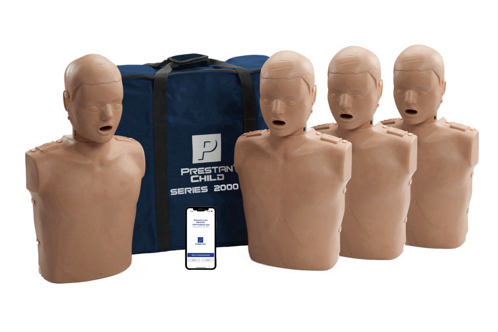 Four PRESTAN Professional Child Series 2000 Manikins with Advanced CPR Feedback by The AED Shop, a blue carrying case, and a smartphone displaying the visual feedback system app.